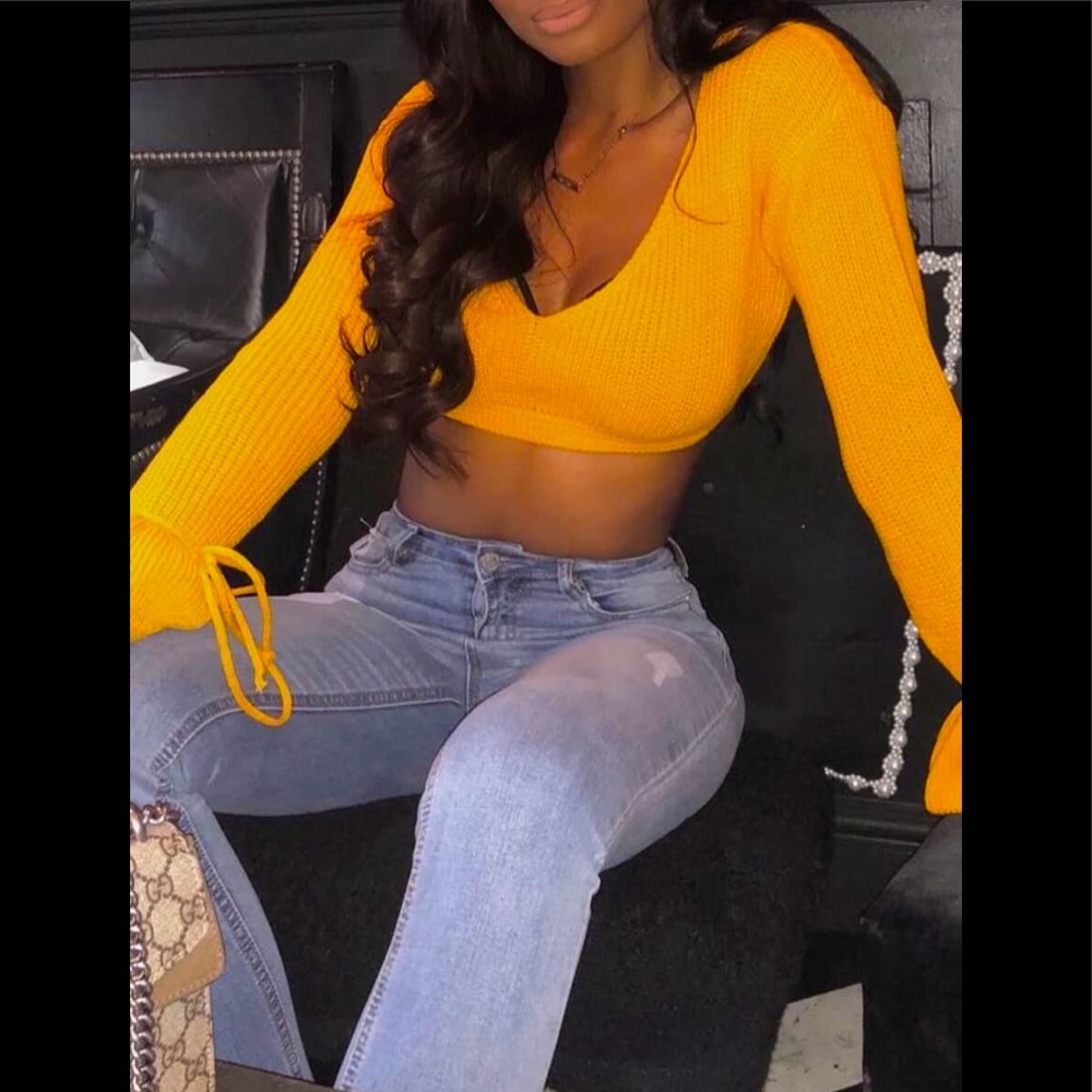 Sexy Lemon Yellow Long Sleeve With Ties At The Cuffs Super Sexy Crop Sweater